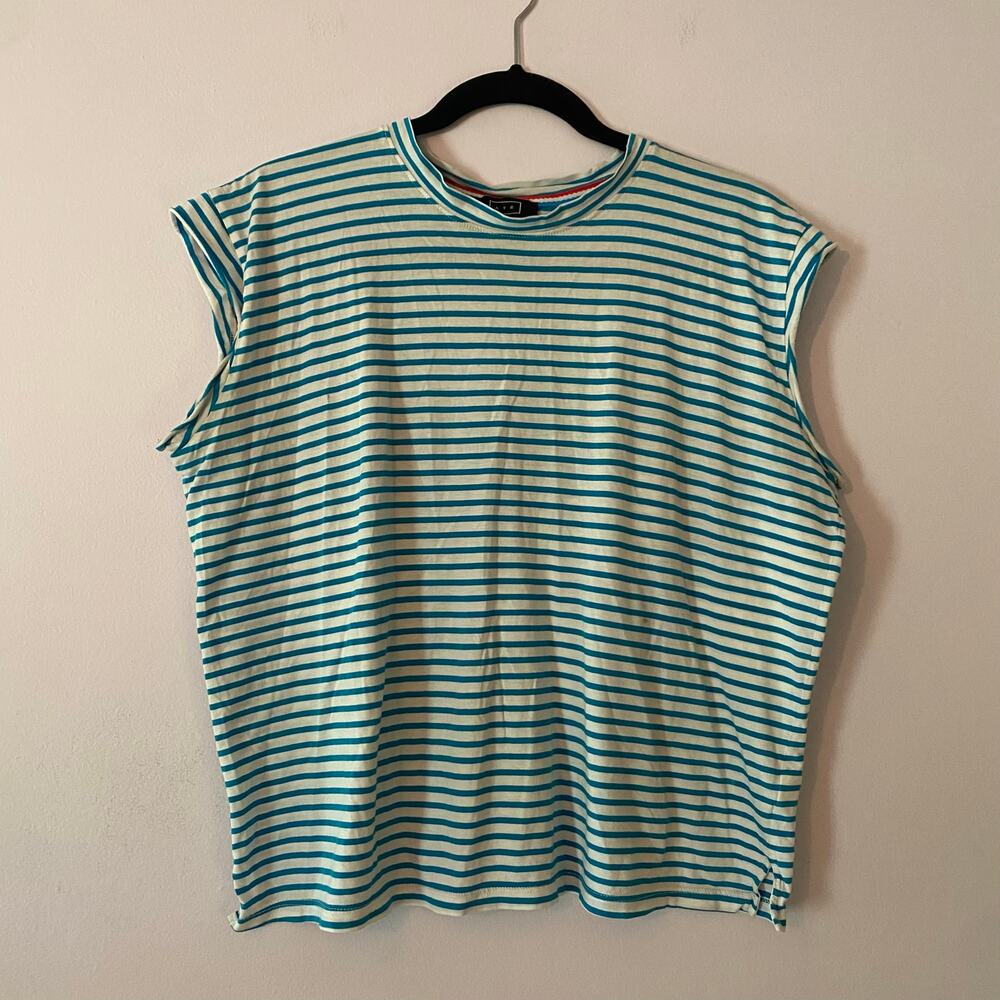 AYR Blue White Stripe Boxy Tee Cotton Minimalist Preppy Women's size Small